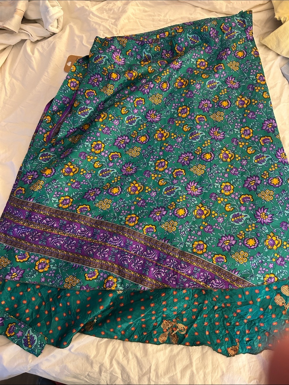 Teal Floral Maxi Skirt with Purple Border